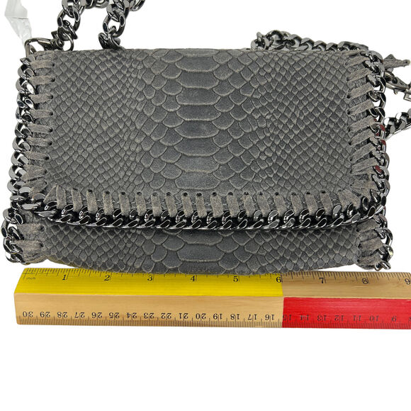 Reptile Crossbody Bag Chain Long Strap Olive Green Gray Leather Italy 8.5 x 5.5 - Picture 6 of 9